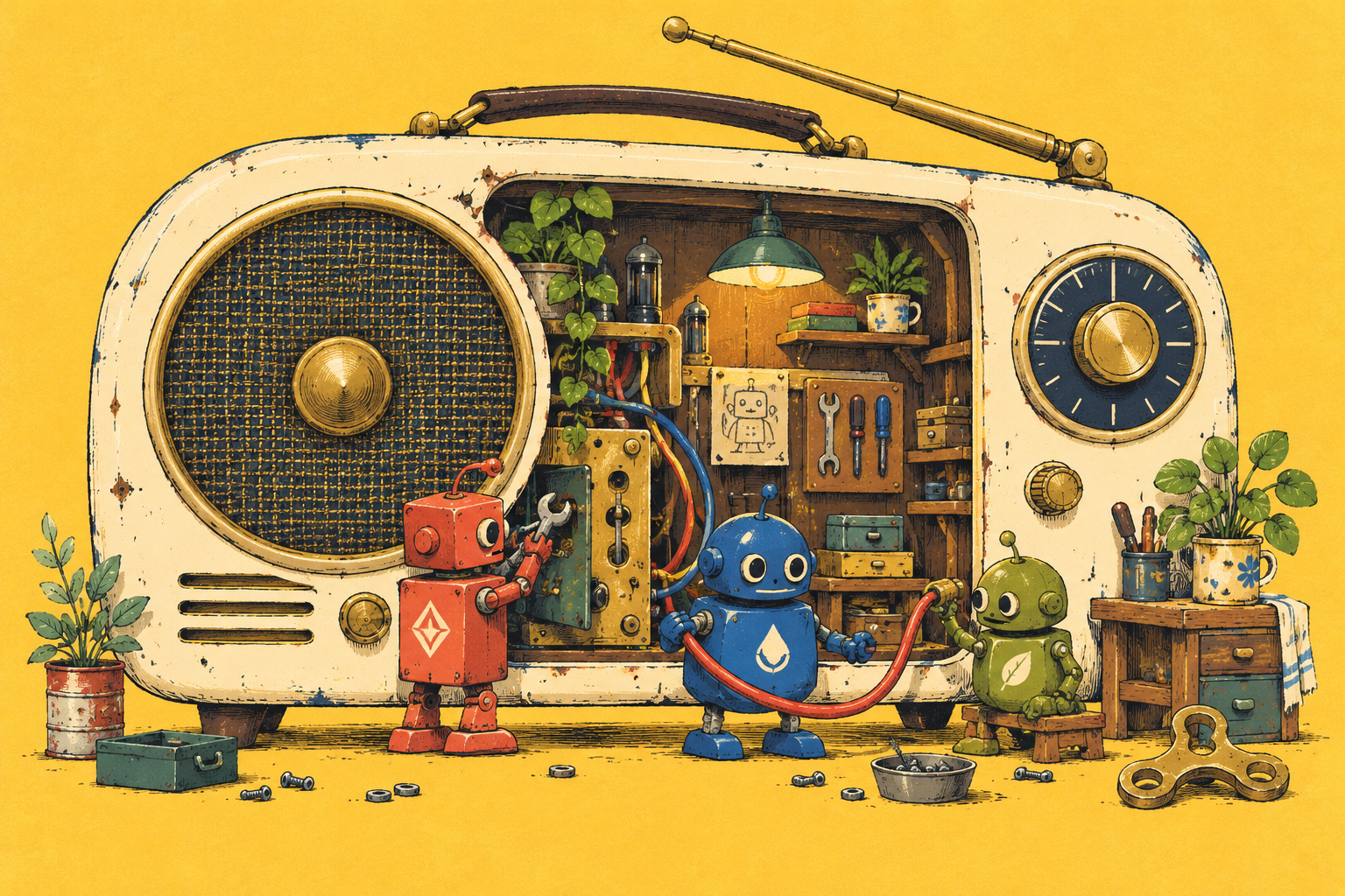 Three little robots repairing an old radio in their yellow workshop